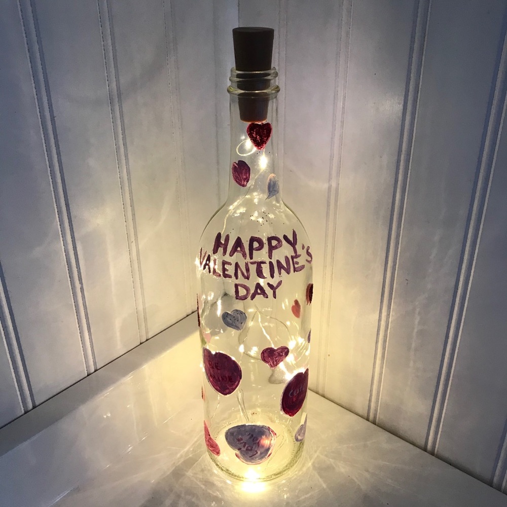 Hand painted wine bottle with lights